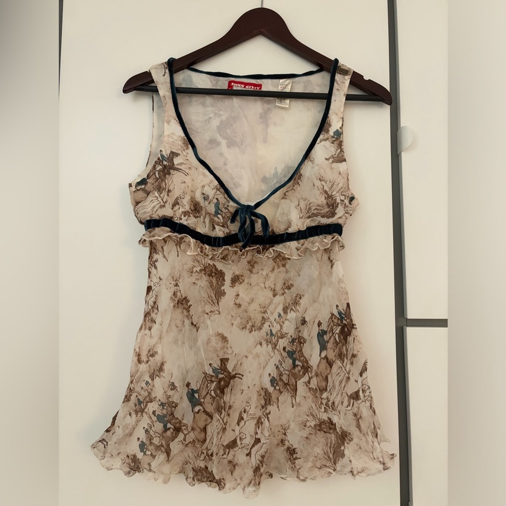 Miss Sixty Cream and Brown Sheer Floral-Print Chemise with Dark Trim
